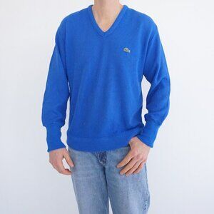 VTG Izod Lacoste Blue V Neck Crocodile Logo Cotton Knit Sweater Classic Prep M